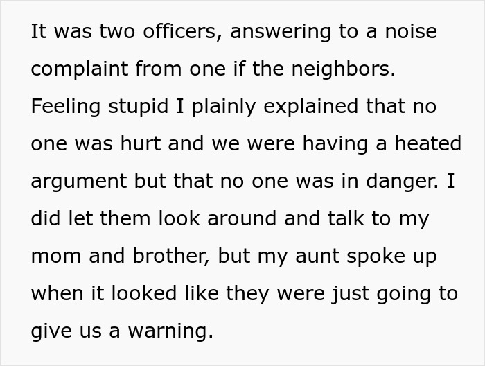 Text recounts noise complaint resolution involving two officers and family discussion after a prank incident. Text recounts noise complaint resolution involving two officers and family discussion after a prank incident.