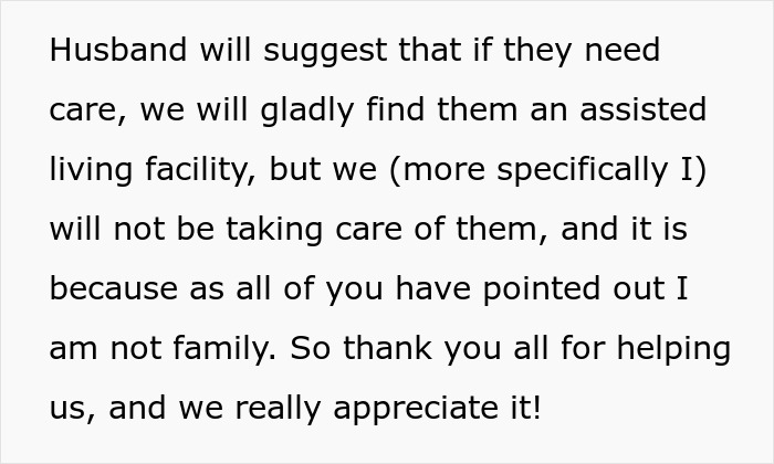 Text dialogue discussing care options, DIL reluctant to care for MIL, considers assisted living due to family dynamics. Text dialogue discussing care options, DIL reluctant to care for MIL, considers assisted living due to family dynamics.