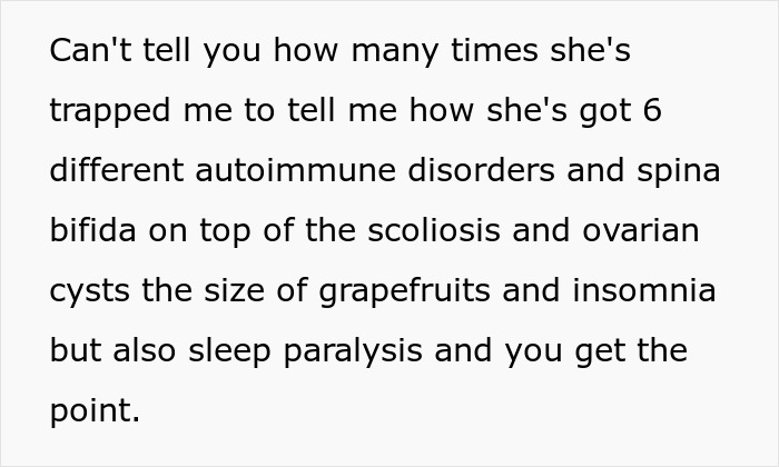 Text screenshot discussing a woman's claims of having many diseases, including autoimmune disorders and insomnia. Text screenshot discussing a woman's claims of having many diseases, including autoimmune disorders and insomnia.