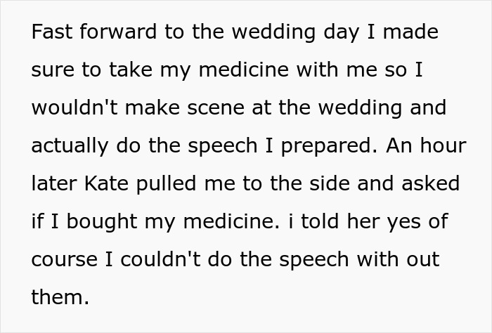 Text message revealing pre-wedding conversation about anxiety pills and the importance of having them at the wedding. Text message revealing pre-wedding conversation about anxiety pills and the importance of having them at the wedding.