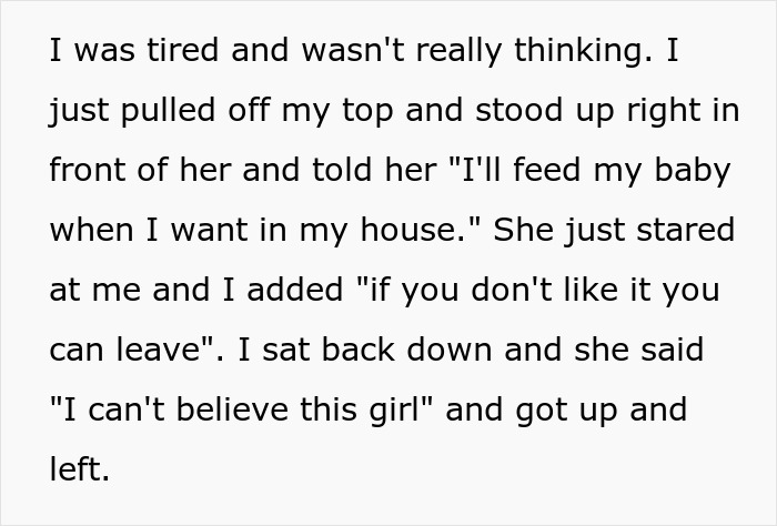 Text display about a woman breastfeeding in front of her mother-in-law after rude comments. Text display about a woman breastfeeding in front of her mother-in-law after rude comments.