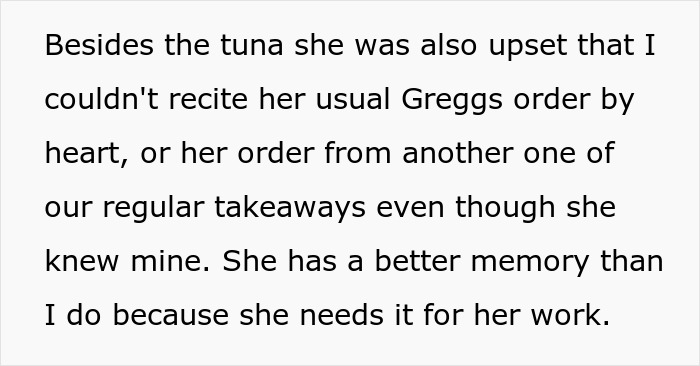 Fiancée reconsidering relationship over forgotten sandwich orders and memory differences.