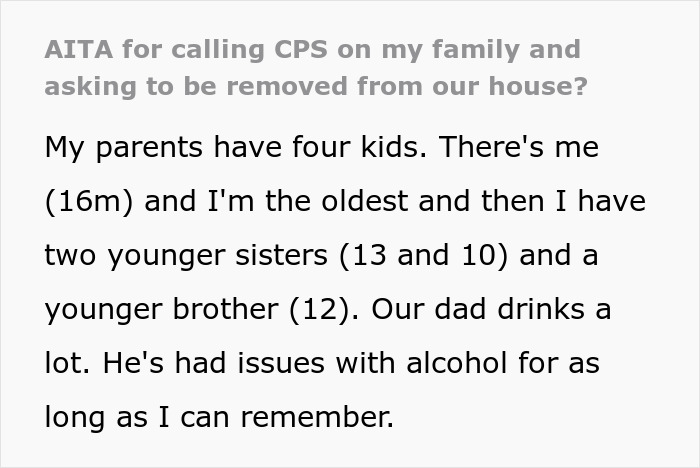 Teen describes family situation involving CPS and parental alcohol issues. Teen describes family situation involving CPS and parental alcohol issues.