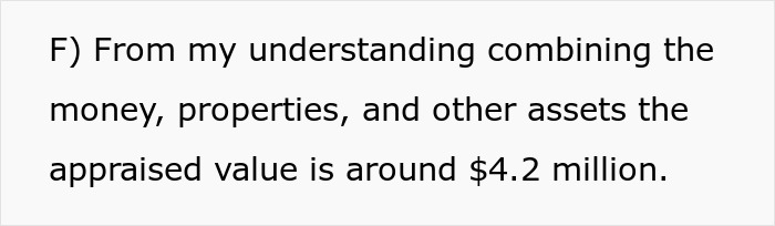 Text detailing grandpa's will reveals assets valued at $4.2 million, amid petty details of ex-wife's affairs. Text detailing grandpa's will reveals assets valued at $4.2 million, amid petty details of ex-wife's affairs.