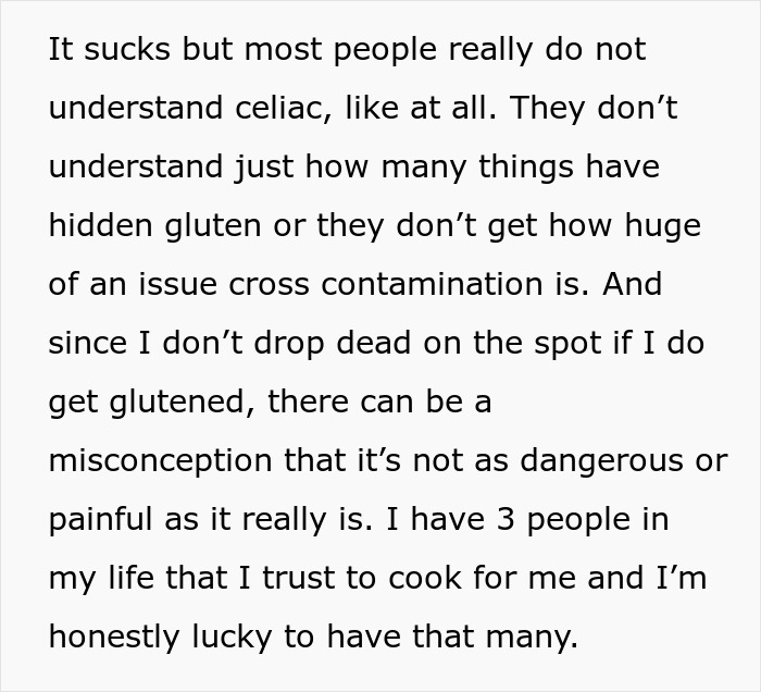 Text discussing celiac disease and gluten cross-contamination challenges. Text discussing celiac disease and gluten cross-contamination challenges.