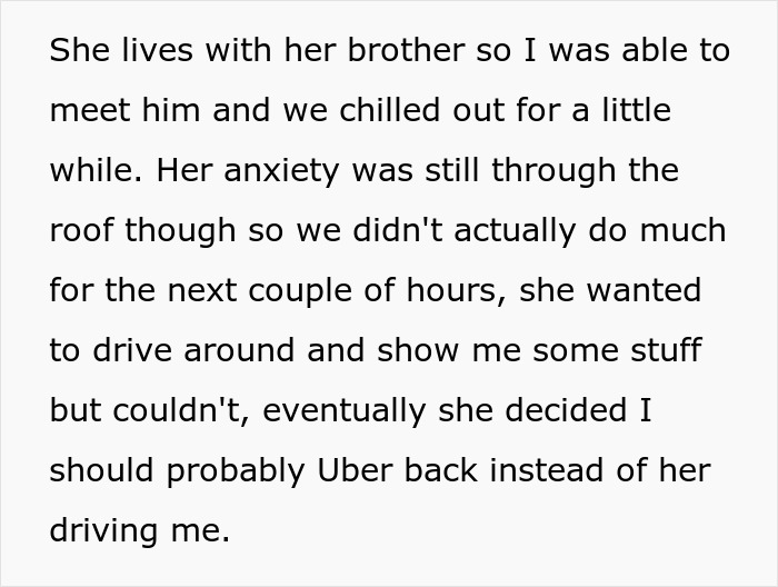 Text about a guy's visit to his long-distance girlfriend, who is anxious and suggests he takes an Uber back. Text about a guy's visit to his long-distance girlfriend, who is anxious and suggests he takes an Uber back.