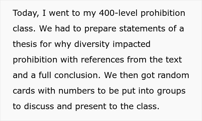 College student discusses group project on diversity's impact on prohibition in class setting. College student discusses group project on diversity's impact on prohibition in class setting.