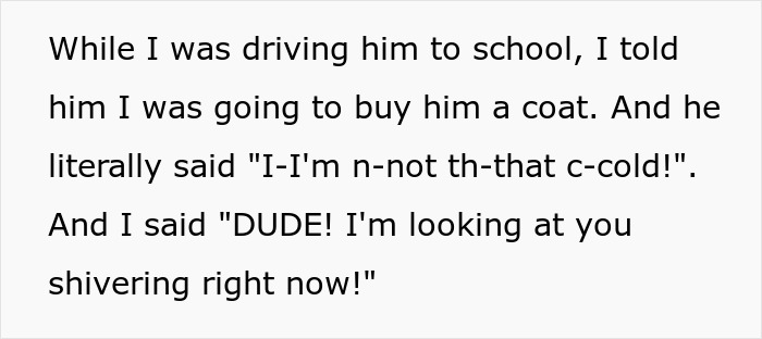 Text conversation about buying a coat while driving to school, highlighting humor and concern for shivering child. Text conversation about buying a coat while driving to school, highlighting humor and concern for shivering child.
