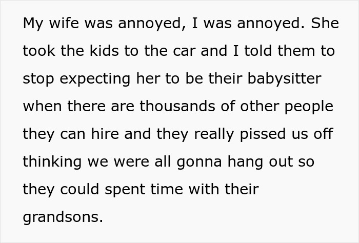 Text discussing grandparents expecting free babysitting, causing family tension. Text discussing grandparents expecting free babysitting, causing family tension.