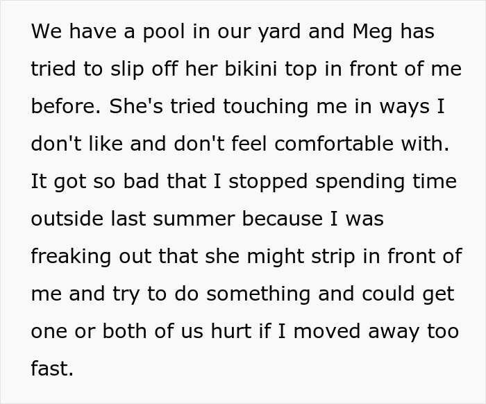 Text describing uncomfortable interactions leading to a teen avoiding the outdoors, calling harassment a "harmless prank. Text describing uncomfortable interactions leading to a teen avoiding the outdoors, calling harassment a "harmless prank.