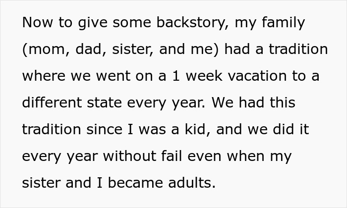 Text sharing a family vacation tradition, part of a backstory in an article about a woman crashing a fiancé's family trip. Text sharing a family vacation tradition, part of a backstory in an article about a woman crashing a fiancé's family trip.