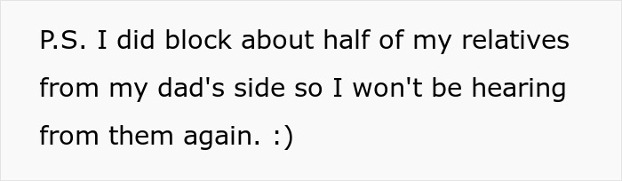 Text about family relations and blocking relatives for personal reasons. Text about family relations and blocking relatives for personal reasons.