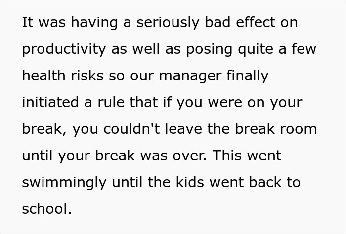 Text discussing break policy effects on productivity and health risks. Manager enforces strict break room rules. Text discussing break policy effects on productivity and health risks. Manager enforces strict break room rules.
