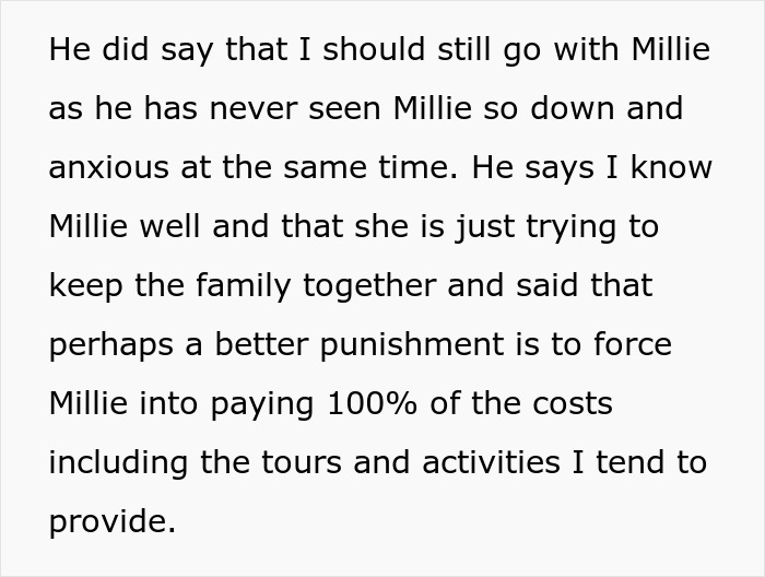 Text conversation about paying for trip costs and family dynamics. Text conversation about paying for trip costs and family dynamics.