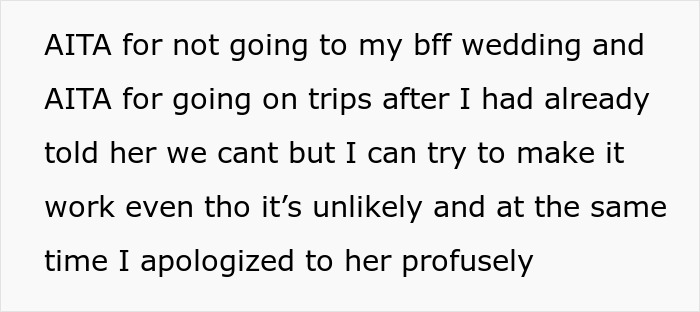 Text excerpt discussing a woman’s decision to skip a friend’s expensive wedding and choose an affordable getaway with her husband.