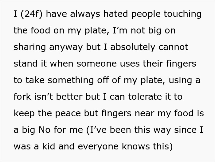 Text image about woman's dislike for others touching her food. Text image about woman's dislike for others touching her food.