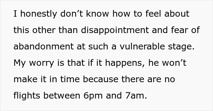 Text highlighting mom-to-be's concern about husband missing due to flight schedules. Text highlighting mom-to-be's concern about husband missing due to flight schedules.
