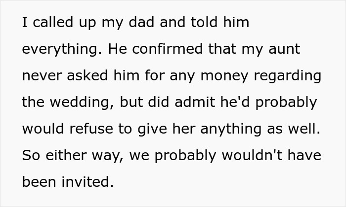 Text snippet discussing a dad's reaction to a wedding money request from his sister. Text snippet discussing a dad's reaction to a wedding money request from his sister.