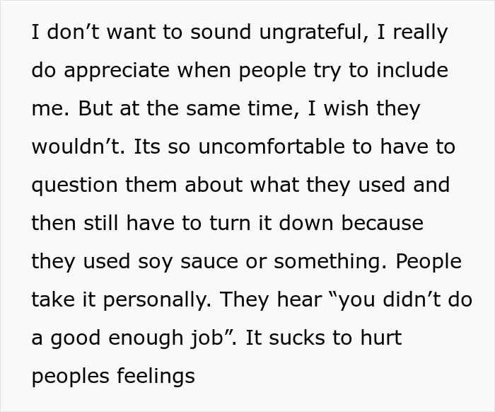 Text discussing the discomfort of refusing a gluten-free meal from a friend due to hidden ingredients. Text discussing the discomfort of refusing a gluten-free meal from a friend due to hidden ingredients.