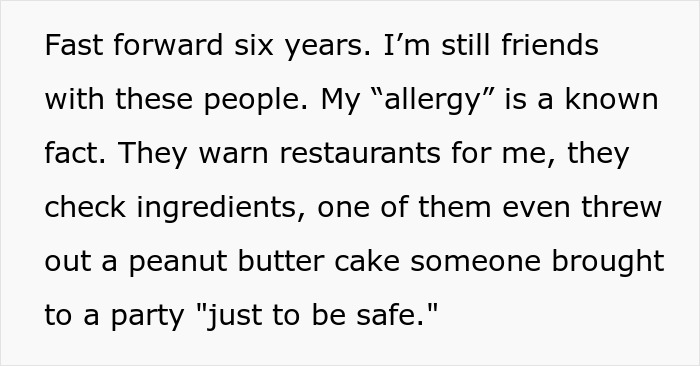 Text about a fake allergy involving friends warning restaurants and checking ingredients for safety. Text about a fake allergy involving friends warning restaurants and checking ingredients for safety.