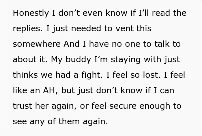 Text expressing feelings of betrayal and insecurity after an incident at a party with friends. Text expressing feelings of betrayal and insecurity after an incident at a party with friends.