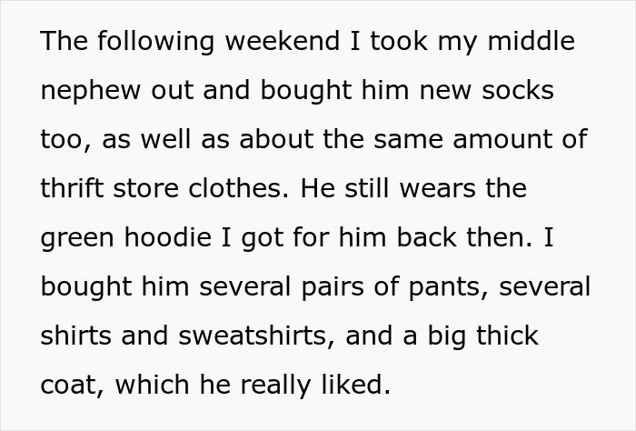 Text discussing nephew's new clothes, highlighting socks and thrift store items, shared in a custody-related context. Text discussing nephew's new clothes, highlighting socks and thrift store items, shared in a custody-related context.