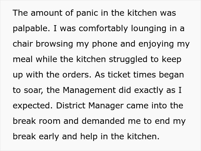 Employee on break watches kitchen chaos unfold as orders pile up, management intervenes. Employee on break watches kitchen chaos unfold as orders pile up, management intervenes.