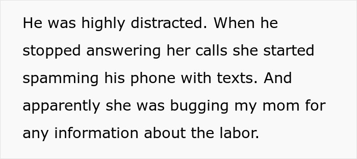 Text discussing a distracted husband and persistent texts from a mother-in-law seeking info on pregnancy labor. Text discussing a distracted husband and persistent texts from a mother-in-law seeking info on pregnancy labor.