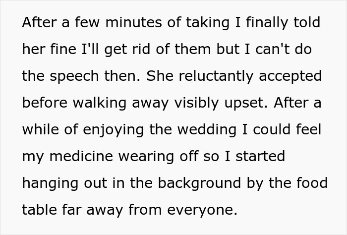 Text about a bride instructing her best friend to discard anxiety pills, affecting the wedding and groom's decision. Text about a bride instructing her best friend to discard anxiety pills, affecting the wedding and groom's decision.