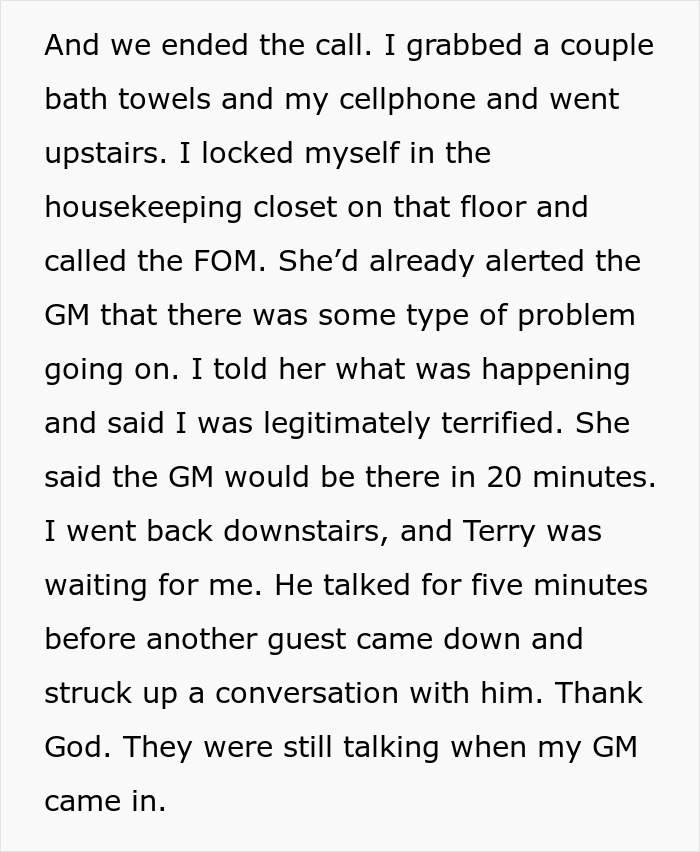 Text recounting a woman's clever escape from a delusional client, seeking help and staying safe. Text recounting a woman's clever escape from a delusional client, seeking help and staying safe.