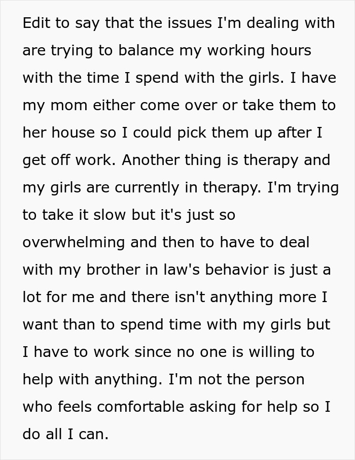 Text discussing a woman's struggle with work-life balance and issues with her brother-in-law acting spitefully. Text discussing a woman's struggle with work-life balance and issues with her brother-in-law acting spitefully.