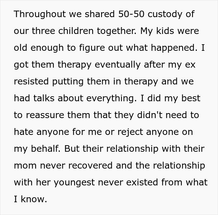 Text discussing shared custody, children's discovery of an affair, and the impact on family relationships. Text discussing shared custody, children's discovery of an affair, and the impact on family relationships.