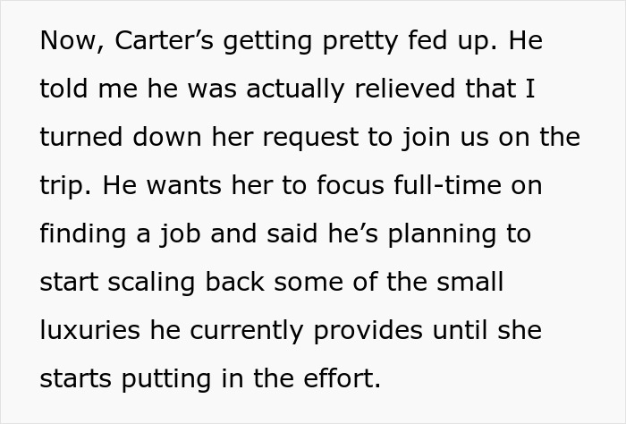 Text about Carter's frustration over a cousin's trip request after not being invited to a wedding. Text about Carter's frustration over a cousin's trip request after not being invited to a wedding.