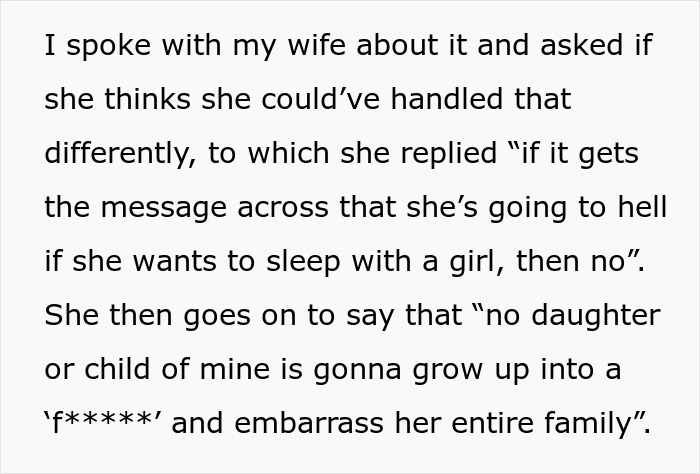 Text excerpt discussing wife's threat of divorce after dad defends bi daughter, citing lifestyle as family embarrassment.