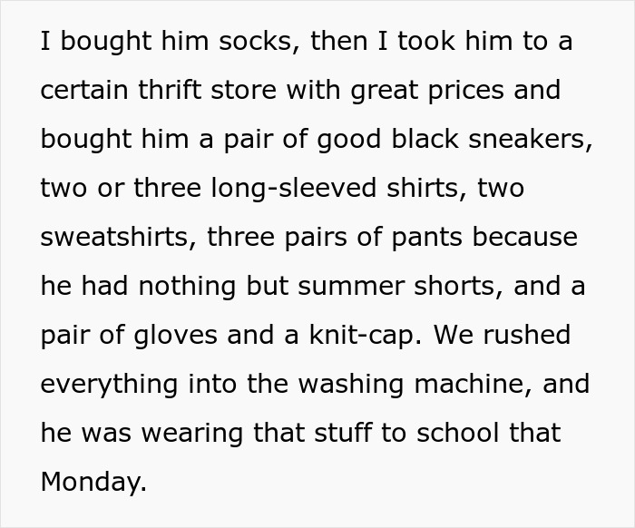 Text recounts buying clothing for a child at a thrift store, highlighting care and preparation for school. Text recounts buying clothing for a child at a thrift store, highlighting care and preparation for school.