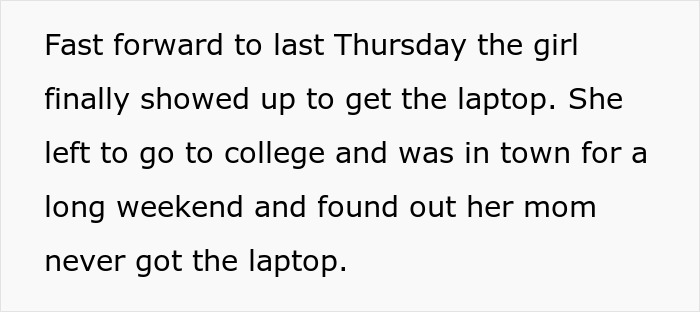 Text excerpt about a student discovering her laptop was sold after not picking it up for 9 months. Text excerpt about a student discovering her laptop was sold after not picking it up for 9 months.