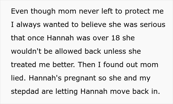 Text describing teen upset about pregnant stepdaughter moving back in with mom. Text describing teen upset about pregnant stepdaughter moving back in with mom.