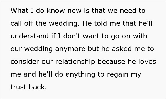 Text about a bride and her fiancé discussing trust issues before marriage. Text about a bride and her fiancé discussing trust issues before marriage.