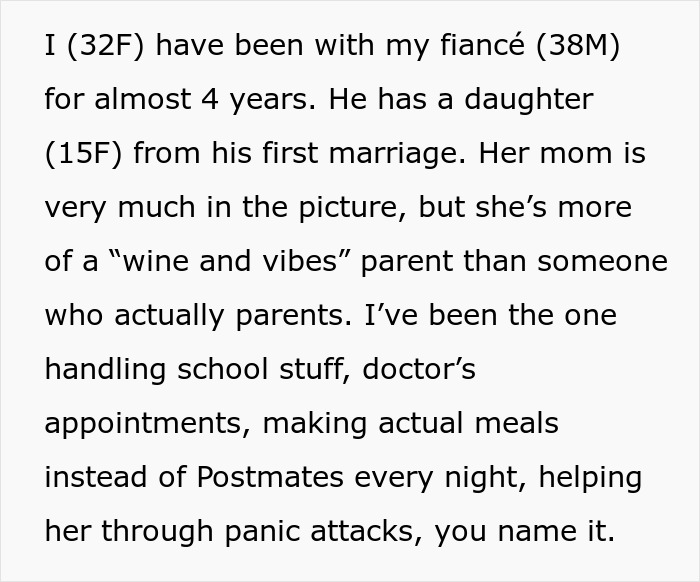 Text about a woman discussing challenges with fiancé's daughter and her role compared to the biological mother's. Text about a woman discussing challenges with fiancé's daughter and her role compared to the biological mother's.