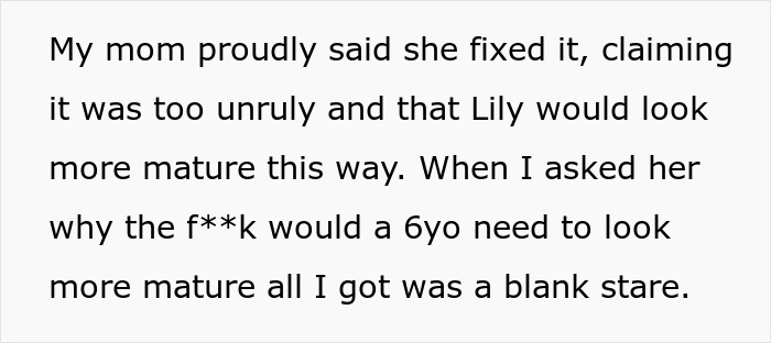 Text about a mother cutting a 6-year-old's unruly hair for a mature look, causing controversy and a ban from babysitting. Text about a mother cutting a 6-year-old's unruly hair for a mature look, causing controversy and a ban from babysitting.