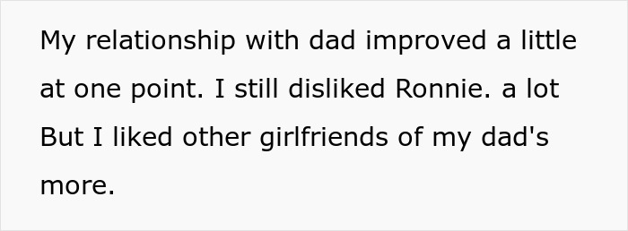 Text describing a child's mixed feelings towards dad's fiancée, highlighting relationship struggles. Text describing a child's mixed feelings towards dad's fiancée, highlighting relationship struggles.