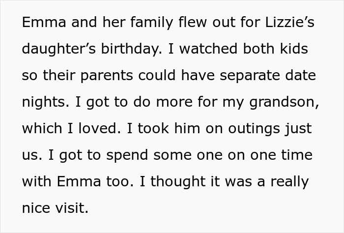 Text recounting a mom helping with her grandson during a family visit despite living far away. Text recounting a mom helping with her grandson during a family visit despite living far away.