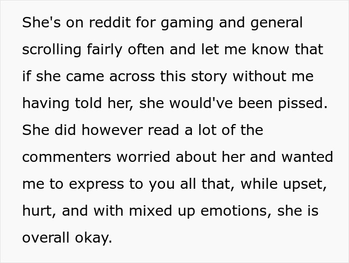 Text about boyfriend's family upset after girlfriend reacts to brother's prank. She reassures everyone she's okay. Text about boyfriend's family upset after girlfriend reacts to brother's prank. She reassures everyone she's okay.