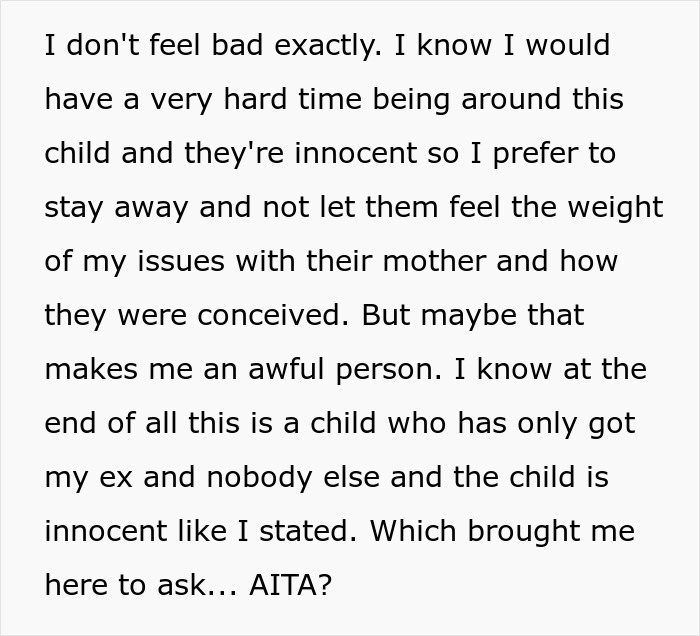Text discussing a dad's struggle with supporting an ex's affair child. Text discussing a dad's struggle with supporting an ex's affair child.