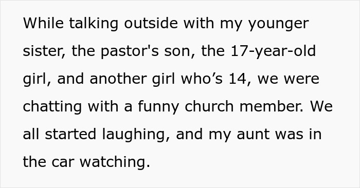 Text excerpt showing a family conversation outside involving the aunt and niece, highlighting babysitting drama. Text excerpt showing a family conversation outside involving the aunt and niece, highlighting babysitting drama.