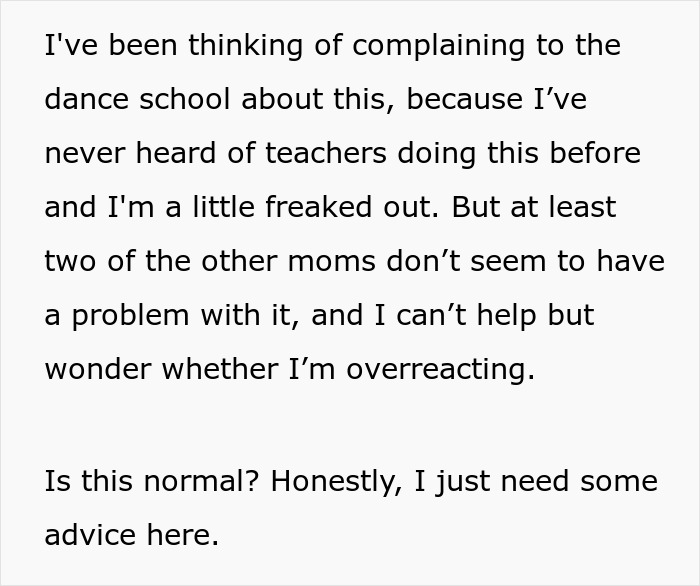 Text expressing a mom's concern about a dance teacher’s sleepover invitation. Text expressing a mom's concern about a dance teacher’s sleepover invitation.