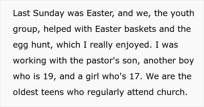 Text excerpt about youth group helping with Easter baskets and egg hunt, reflecting niece’s refusal to babysit kids drama. Text excerpt about youth group helping with Easter baskets and egg hunt, reflecting niece’s refusal to babysit kids drama.