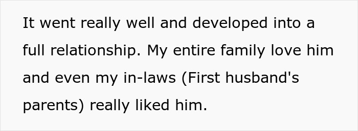 Text discussing family relationships and acceptance of a new partner after a late husband. Text discussing family relationships and acceptance of a new partner after a late husband.