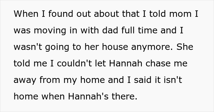 Text exchange about teen choosing dad's house over mom's, due to pregnant stepdaughter returning. Text exchange about teen choosing dad's house over mom's, due to pregnant stepdaughter returning.