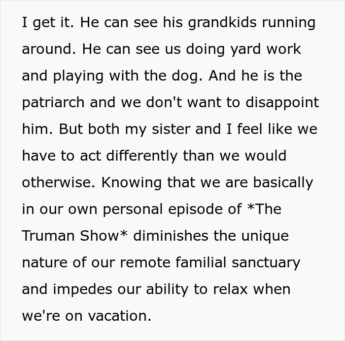 Text about family dynamics and privacy concerns with vacation house security cameras. Text about family dynamics and privacy concerns with vacation house security cameras.